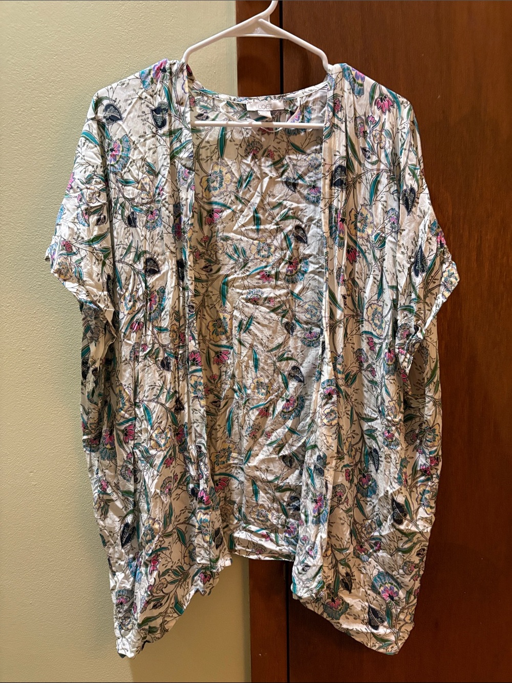 Printed Open-Front Kimono Tunic - White with Teal & Pink Floral